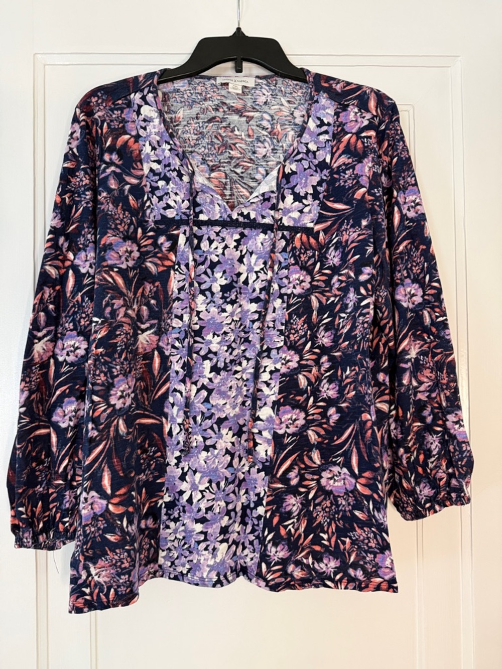 Vintage America XXL Navy Purple Floral Top | V-Neck Long Sleeve Casual Blouse
